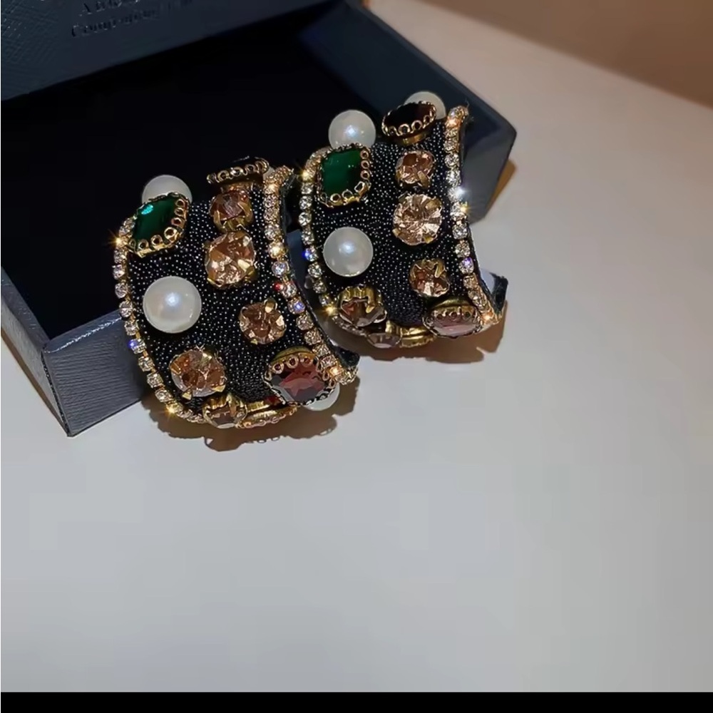 Glamorous Black & Gold Wide Cuff earrings with Emerald Crystals and Pearls